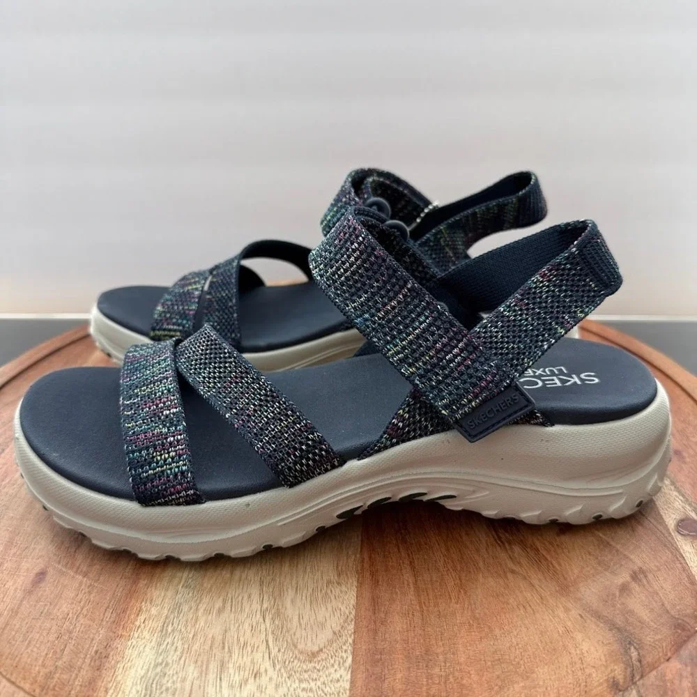 Skechers Trail Womens 9 Navy‎ Multi Space Dye Luxe Foam Sandals Machine Washable - Picture 3 of 11